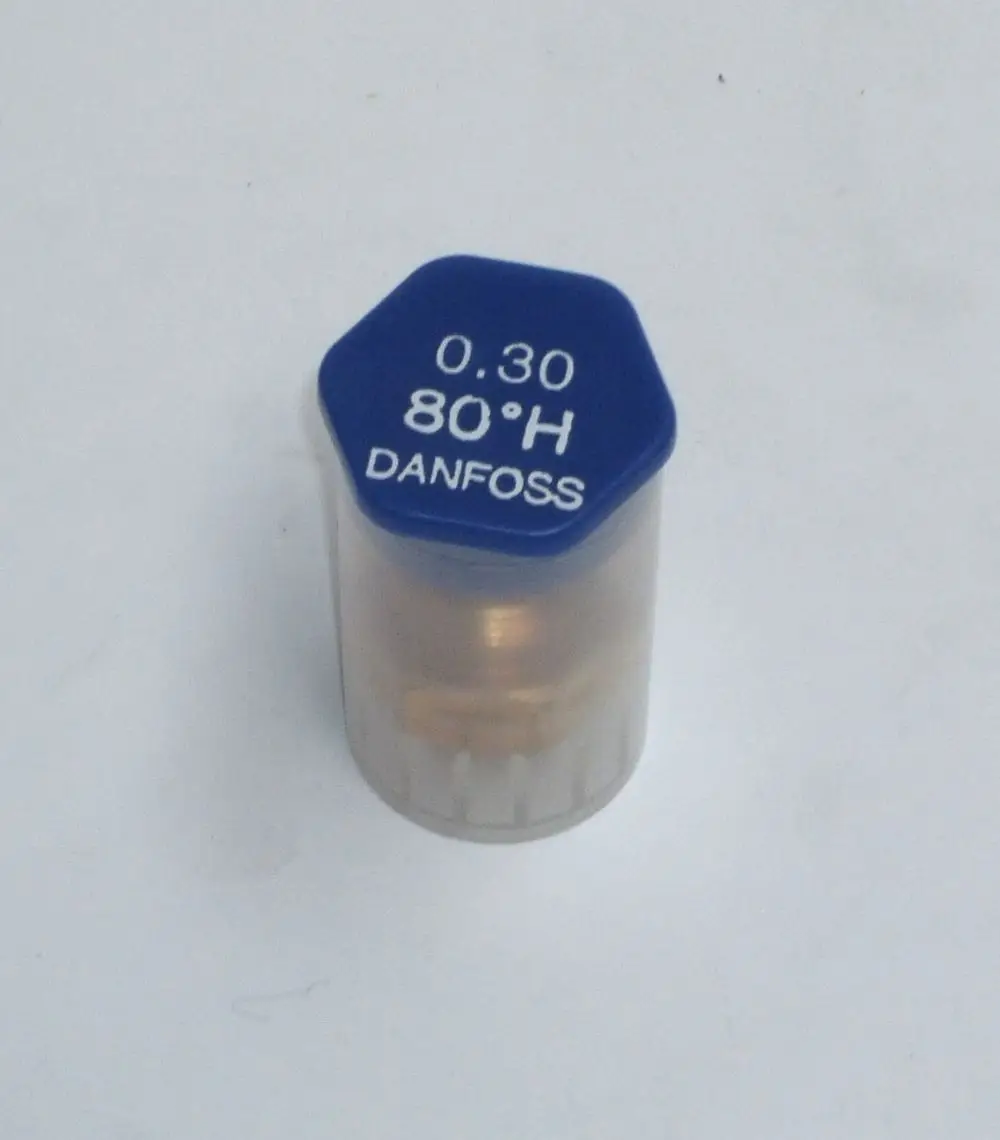 Danfoss Öl-Düse mit blauer Kappe, beschriftet mit 0,30 gph und 80°H, kompatibel mit Daikin Heizgeräten für Öl-Brennwerttechnik.
